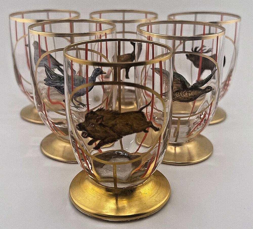HAND PAINTED HUNTING WILDLIFE LIQUOR GLASSES SET OF 6
