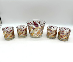 VTG Culver Gold Red Chrysanthemum Rocks Glasses Set of 4 With Ice Bucket Barware