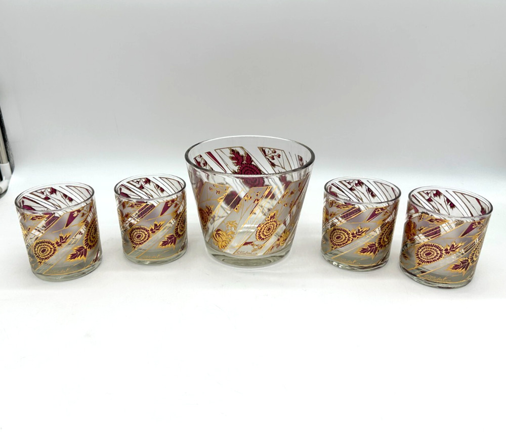 VTG Culver Gold Red Chrysanthemum Rocks Glasses Set of 4 With Ice Bucket Barware