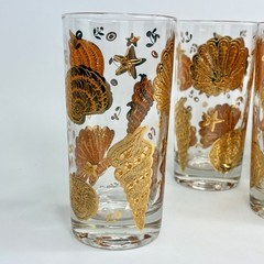 RARE Vtg Culver Textured Sea Shell Highball Tumbler 22K Gold Glass Set Cup MCM