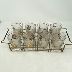 VTG 8 Libbey Gold Leaf Frosted 5.5″ Highball Glasses Service Set Carrier MCM