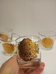 MCM Estate- 4 Lowball Libbey Barware 22k Gold Medallion Opera Cocktail Glasses