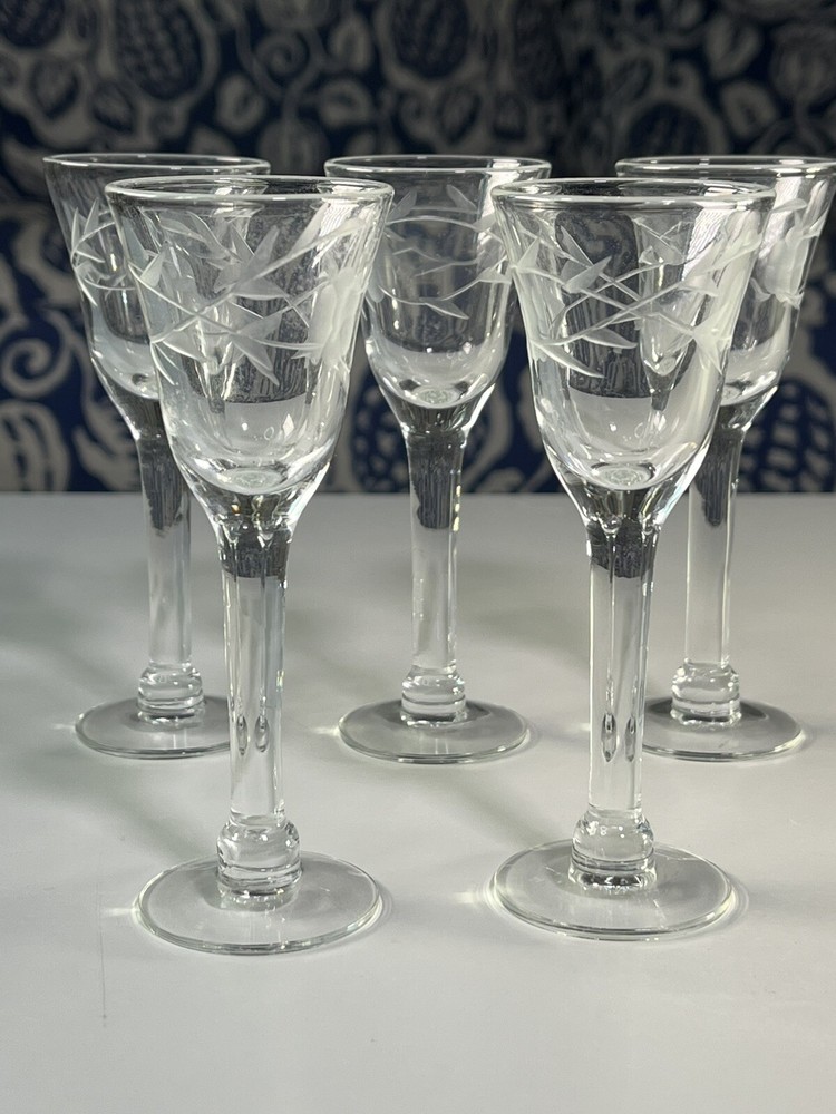 Vintage Aperitif Stemmed Glass sherry cordial glass gray cut floral pattern 3oz