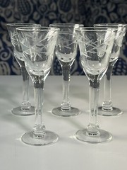 Vintage Aperitif Stemmed Glass sherry cordial glass gray cut floral pattern 3oz
