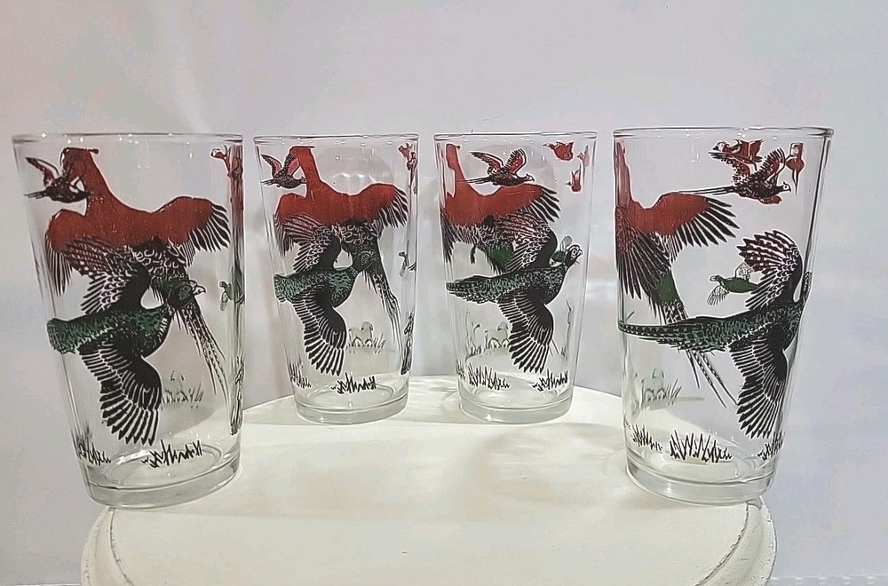 Vintage 1950s Pheasant Hunting Glasses Set of 4 RARE Green Hunter Dog Tumblers