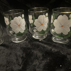 Federal Glass Co. Vintage Hand painted W/Dogwood Juice Glasses 3 In Set Of 6