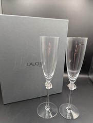 Lalique Crystal-Pair- Roxanne Champagne Flutes 10 in with Box-Signed