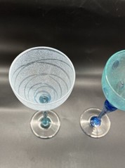Pair Vintage Art Glass Blue Cocktail Wine Goblet Norway 1992 Signed Hadeland K.U