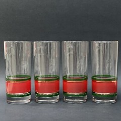 Set of 4 VTG Hand Blown Red Green Gold Christmas MCM Highball Tumblers 6.25″