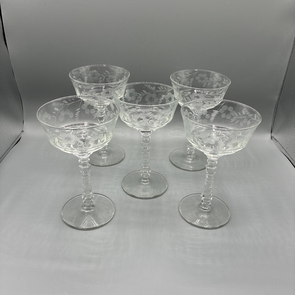 Set Of 5 Vintage Libby Rock Sharp Etched Dessert/Sherbet Glasses