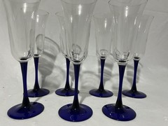 set of 6 Vintage Cobalt Blue Stem Champagne Flutes Crystal 8.75″ handmade