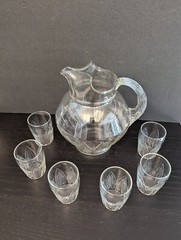 Vtg 7-Piece Set MacBeth-Evans Crystal Leaf Pitcher & 3.125″ Juice Glasses c.1935