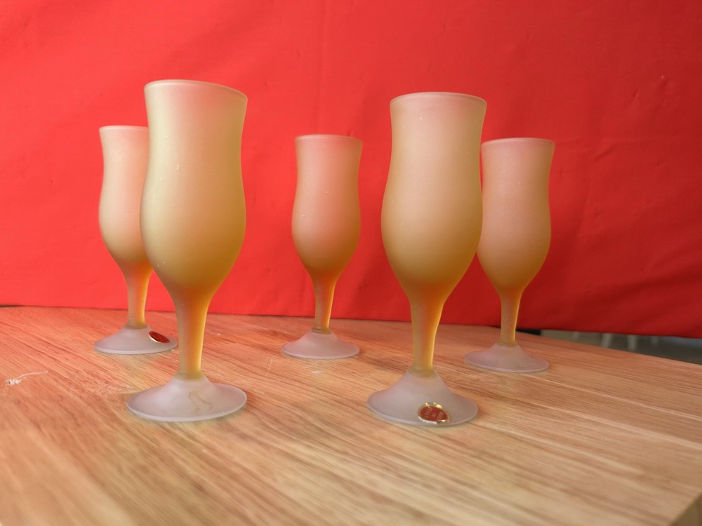 Vintage Murano Italian Amber Frosted Satin Genie Style Goblets – Set Of 5