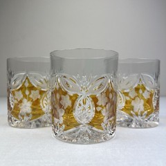 Set Of 3 Bohemian Whiskey Glasses Amber Pineapple Flowers Mad in Poland 3 5/8’’