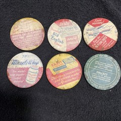 6 Swanky Swig Glass Tumbler Lids 1950’s Kraft Old English Velveeta Miracle Whip