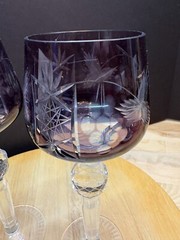 2 Bohemian Amethyst Cut to Clear Crystal Wine Glasses / Goblets – 8.5″ Tall