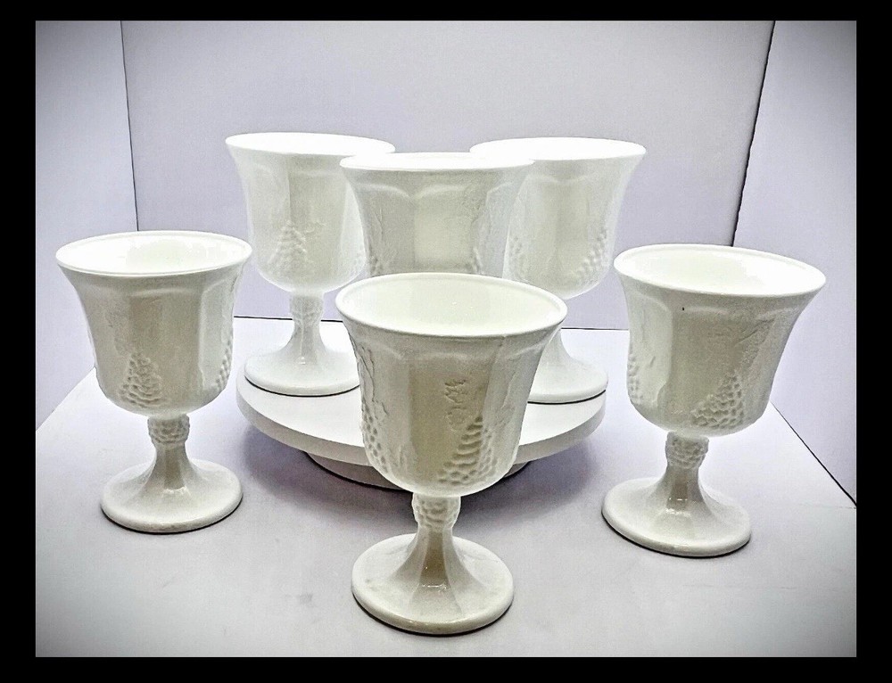 Indiana Glass Harvest Grape Milk Glass Goblet Set 6 Vintage Water Wine Chalice