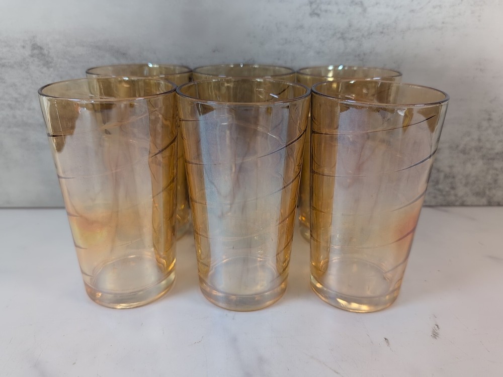 Vintage Jeannette Marigold Swirl Iridescent Carnival Glass Tumbler Set of 6