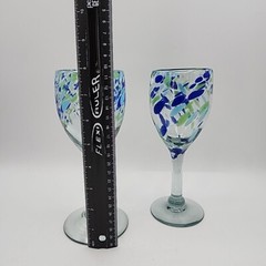 2 Hand Blown Art Glass Blue Aqua And Green Wine Glasses 8″ Festive Beach