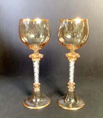 2 Antique Josephinenhutte Heckert White Air Twist Orange Luster Wine Glasses