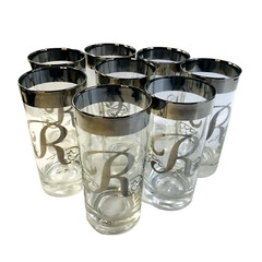MCM Set 8 Highball Silver Rim Glasses in CADDY-Monogram «R»-Dorothy Thorpe Style