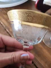 4 Vtg 1940’s Etched Crystal Champaign/ Desert Glasses,Gold Decorated Rim