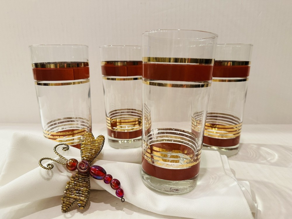 4 Vtg Luminarc After Hours J. G. Durand MCM HighBall Cocktail Glasses Rust &Gold