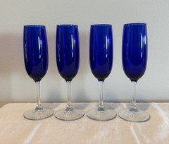 Vintage Set of 4 Cobalt Blue Glass Long Stem Champagne/Wine Flutes 8” ELEGANT!