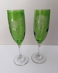 Green Champagne Flutes with Clear Stem Etched Asian Etchings Glasses Set Of 2