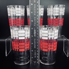 (5) Vintage Barware Hi-Ball Cocktail Glass Tumblers Black White & Red Plaid 5” T
