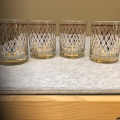 4 ~VTG Georges Briard Diamond Lattice Double Rock Glasses 22K/24K Gold Lattice