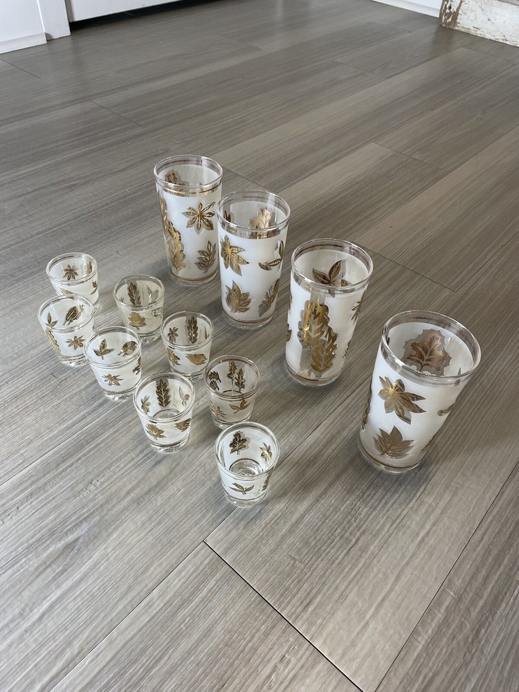 MCM Set of 4 Highball Glasses & 8 Matching Shot Glasses. Gold LeafDesign