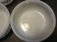 Vintage 8 GlasBake White & Blue Onion Milk Glass Mugs bowls Old Town Opaque 1950