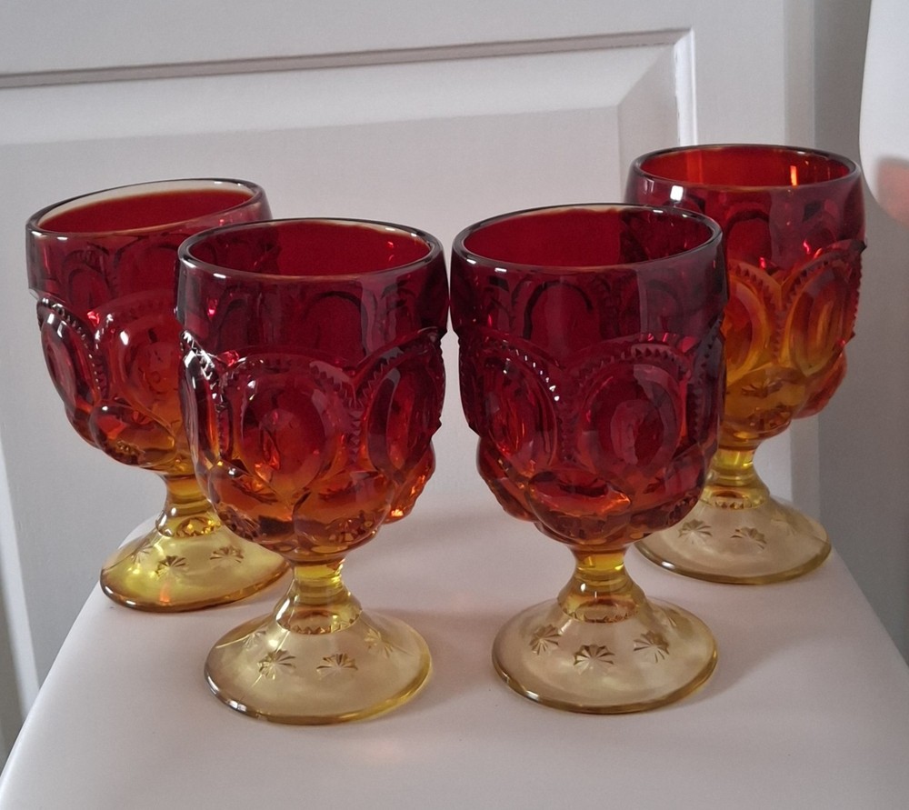 Vtg Moon And Star Amberina Goblets Set Of 4 Water Glasses By L.E. Smith Glass 6″