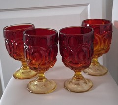 Vtg Moon And Star Amberina Goblets Set Of 4 Water Glasses By L.E. Smith Glass 6″