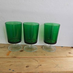 Unmarked Green Pressed Glass Goblets Set Of 3 Clear Footed Barware Drinkware