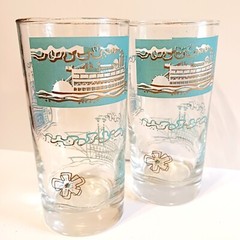 Libbey Southern Comfort Tumblers Highball Glasses Steamboat Turquoise Gold Set