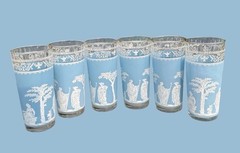 6 Mid-Century JEANNETTE GLASS Hellenic Blue Greek Wedgwood Jasperware Tumbler
