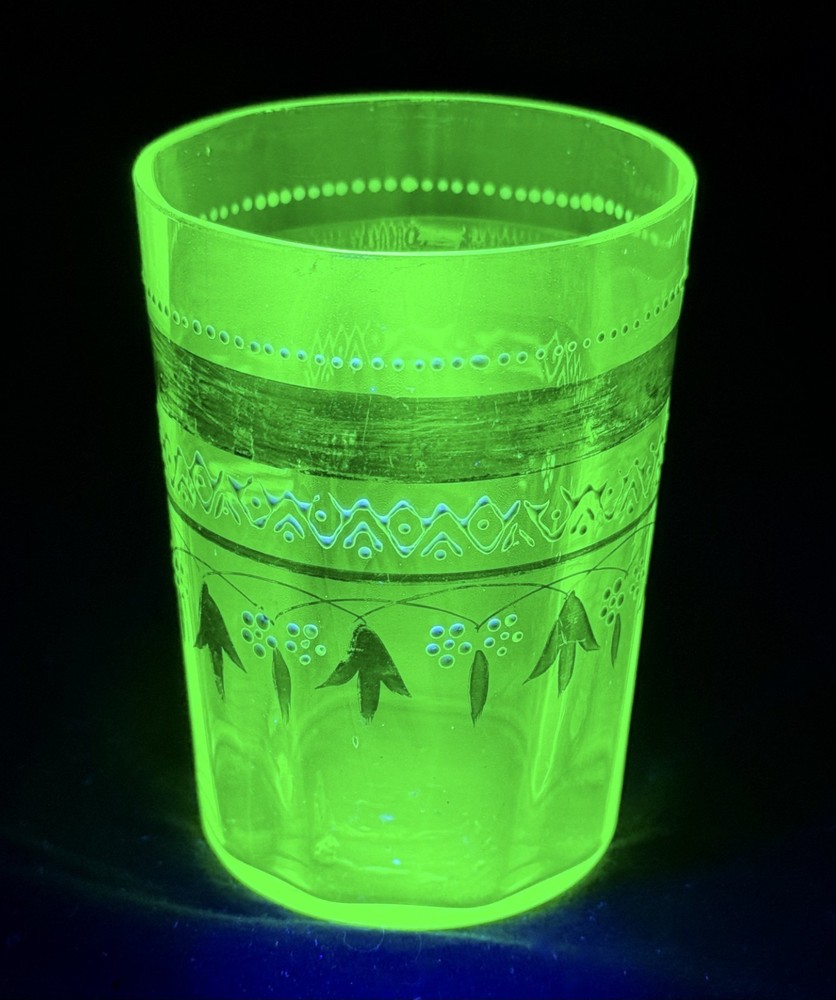 Antique Victorian Green UV Reactive Glass Drinks Tumbler – Hand Painted w/Gold