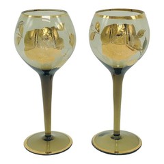 VTG Set Of 2 Bohemian Smoky Glass Gold Gilt Floral Rose Wine Cordial Glassware