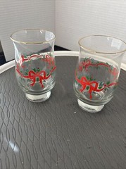 Holly And Ribbon Gold Rimmed Christmas Holiday Glasses Set Of 2 Tumblers 5.5”
