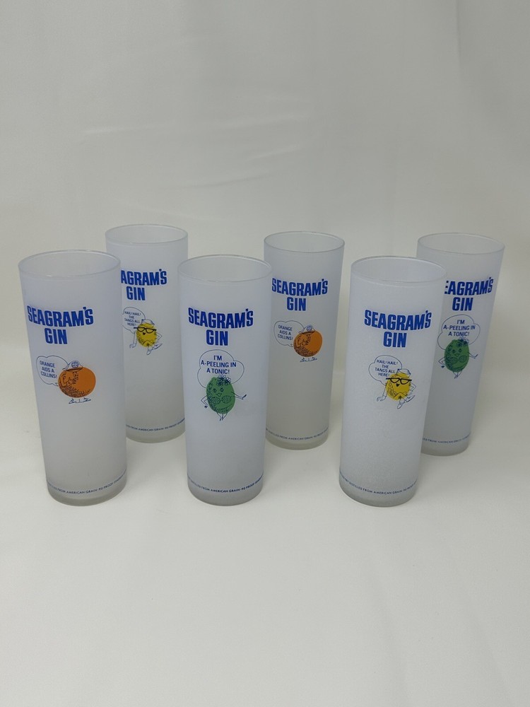 Seagram’s Glasses Gin Collins 6 3/4 In Tall Frosted Orange Lemon Lime Set Of 6