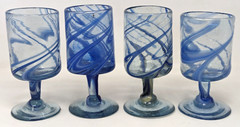 Vintage Mexican? Hand Blown Art Glass Blue Swirl Wine Water Goblets 4 Lot A24