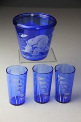 VTG Hazel Atlas Cobalt Blue Windmill Ice Bucket & 3 Flat Tumblers w/ Flags