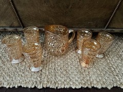 VTG Jeanette Buttons & Bows Depression Carnival Glass Pitcher & Tumbler Set
