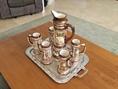 Vintage 1960’s Arnel’s Ceramic Ornate 3D German Beer Pitcher & 5 Steins
