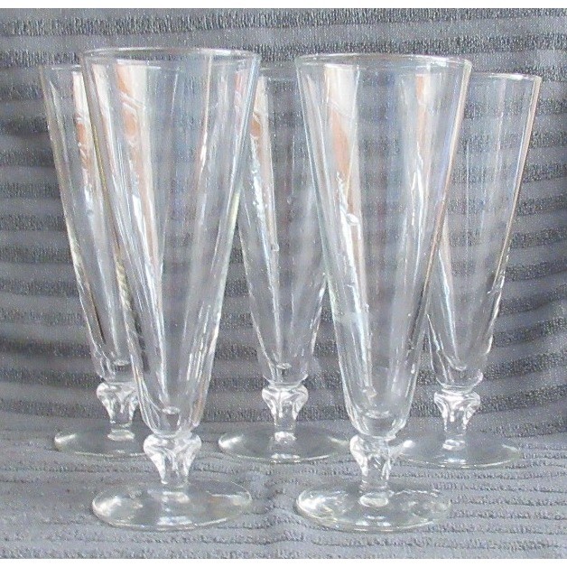 MCM Mid Century Set of 5 Tall Footed Champagne Pilsner Crystal Clear Glass
