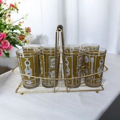 MCM Hazelware 9 pc Caddy Barware Drink Set. 8 Highball Glasses Gold Tone Carrier