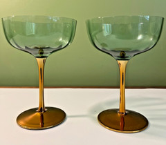 Set of 2 Green & Bronze Glass Champagne Coupes NEW