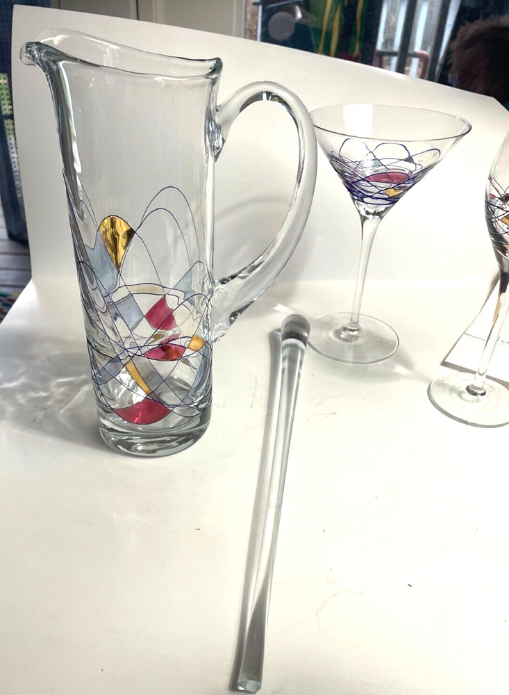 Luminescence Handcrafted Romanian Glass Crystal Pitcher, 2 Glasses, and Stirrer